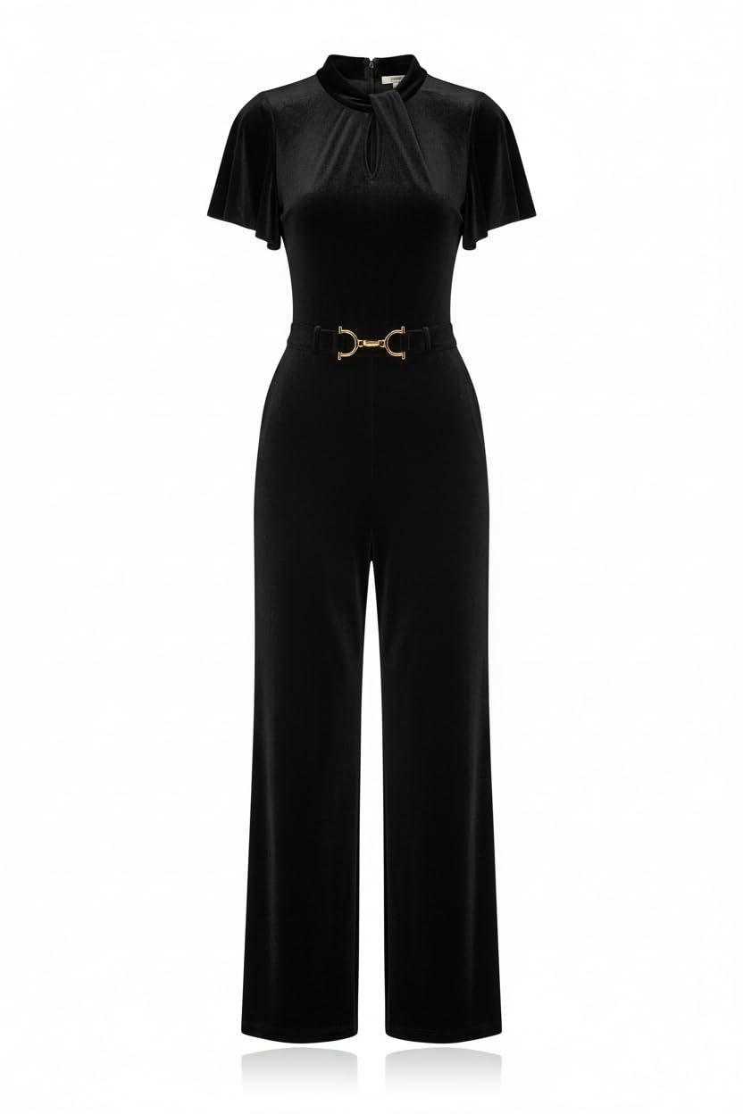 Yumi Women's Black Velvet Jumpsuit With Twist Neckline & Buckle Belt | Size: 14