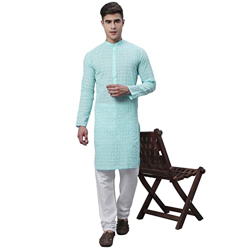 Image of SOJANYA (Since 1958 Men's Pure Cotton Blue Kurta with White Embroidery and White Pyjama Set