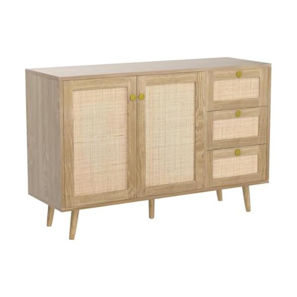 Anmytek rattan sideboard buffet cabinet with 2 doors and 3 drawers buffet cabinet with storage wood credenza storage cabinet for living room dining room hallway kitchen natural oak h0088  urban country home decor