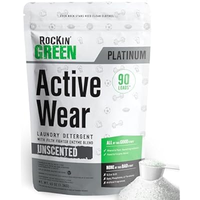 Rockin Green Active Wear Laundry Detergent - Unscented Laundry Detergent Powder & Odor Eliminator - Workout Clothes & Sportswear - Safe for Sensitive Skin - 90 Loads