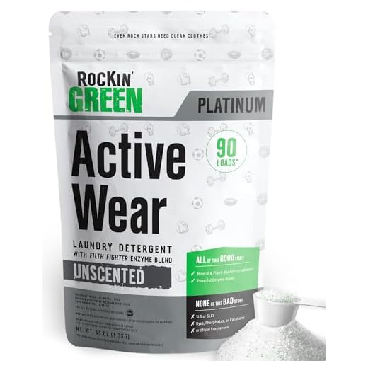 Rockin' Green Active Wear Laundry Detergent Powder & Odor Eliminator for Sportswear & Workout Clothes, Plant-Based Enzymes Target Sweat & Odor, Dermatologist Tested, Unscented, 90 Loads