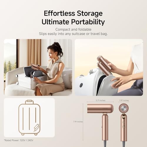 Dreame Pocket Pro Hair Dryer, Compact Foldable Ionic Blow Dryer, 110,000 RPM High-Speed Motor, Dual Voltage Travel Hair Dryer with Diffuser, Low Noise, 10.6 oz Lightweight, Heat Protection, 120V/240V - Image 3