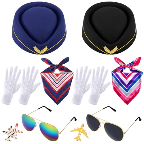 Bencailor 12 Pcs Women Flight Attendant Costume Accessories Set Flight Attendant Hat Scarf Sunglasses Gloves Airplane Pins(Black Navy Blue)