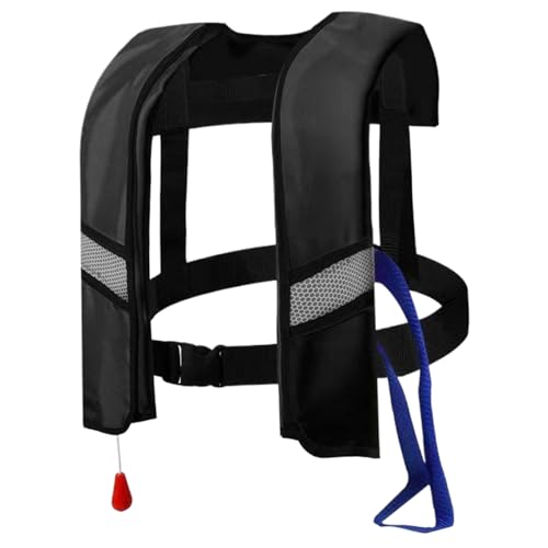 Hperu Chaleco Salvavidas Inflable automático 150N para Adultos Chaleco Salvavidas de Nailon con Hebilla Ajustable, Tiras Reflectantes y Silbato, Manguera Adicional, Negro (sin Botella de Gas)