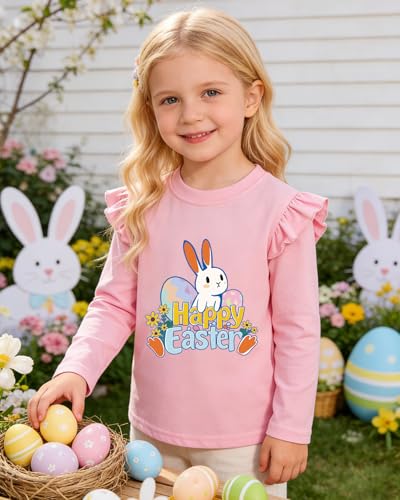 Image of Tkria Toddler Girls Happy Easter T-Shirt Bunny Eggs Ruffle Long Sleeve Shirt Kids Tee Top 2-7T