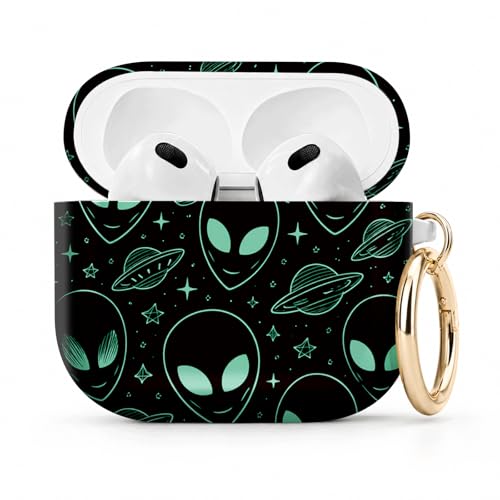 PLKTJOSA Airpod 4�P�[�X�Ή� TPU ���킢���p�^�[���ی� �ϏՌ��� ���h�~�P�[�X �L�[�`�F�[�������O�t�� ���C�����X�[�d�Ή� (Alien Faces Spaceships Stars Planets Universe)