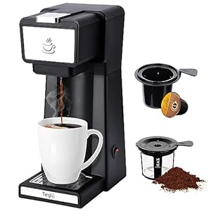 Teglu Slim Single Serve Coffee Maker 2 in 1 for K Cup Pod & Ground Coffee, Mini K Cup Coffee Machine 14 Oz, One Cup Coffee Brewer with One-Bouton Fast Brewing, Reusable Filter, 800W, CM-206
