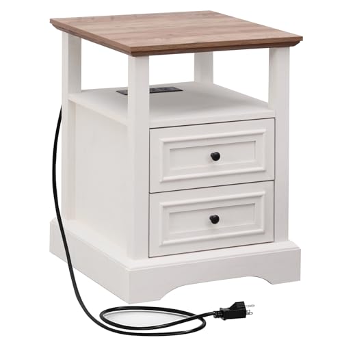 Image of ALBAD Farmhouse Nightstands with Charging Station,White & Wood Tabletop | End Tables with 2 Drawers, Open Shelf, USB Ports, Metal Knobs, for Rustic Bedroom Bedside, Living Room, Dorm