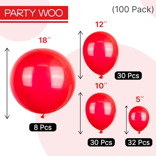 Image of PartyWoo Red Balloons 100 pcs Different Sizes of 18 12 10 5 Inch Red Balloon Arch Kit Garland for Birthday Graduation Bachelorette Citizenship Anniversary Cherry Casino Theme Party Decorations Red-Y57