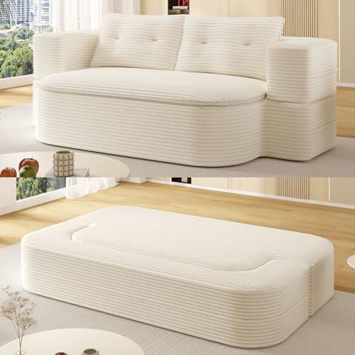 78.7" Futon Sofa Bed King Size, Corduroy Boneless Couch, Cream Beige