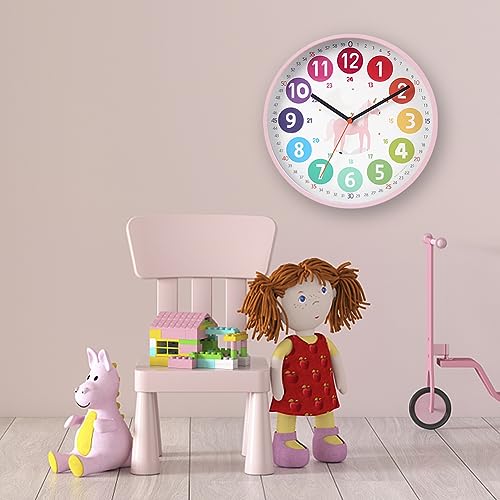 DASIAUTOEM Uhren für Kinder, Lernuhr ohne Tick Geräusche, Farbenfrohe Wanduhr 10 Zoll für Kinderzimmer und Klassenzimmer (Einhorn)