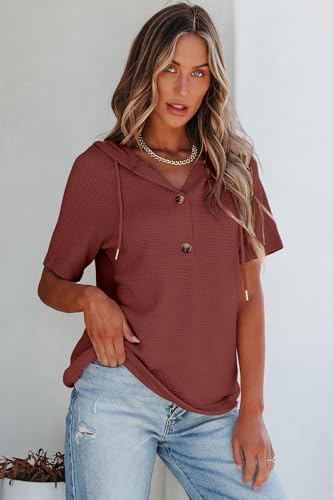 Image of Dokotoo Womens Summer Tops Waffle Knit Short Sleeve Lightweight Drawstring Hoodies Button V Neck Casual Blouses Shirts