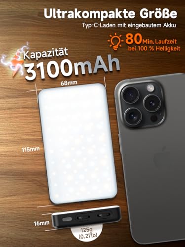 Rollei LUX Compact RGB Kamera Licht, Led Dauerlicht mit 360 Farben und 13 Lichteffekten, Kompackte LED Fotolicht 125g 98 CRI/TLCI mit Integrierter Akku, Fotolicht-Dauerlicht-Fotografie-Kamera-Licht