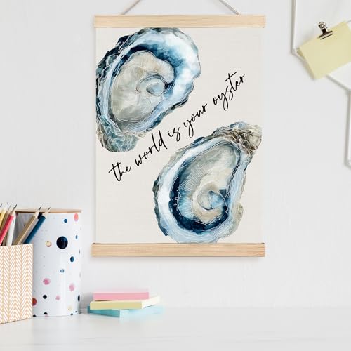 Image of PQKIY Coastal Beach Oyster Shell Wall Art Poster Hanger Frame 12x16 in, World Is Your Oyster Inspirational Ocean Wall Decor Canvas Prints for Beach Home Living Room Bedroom