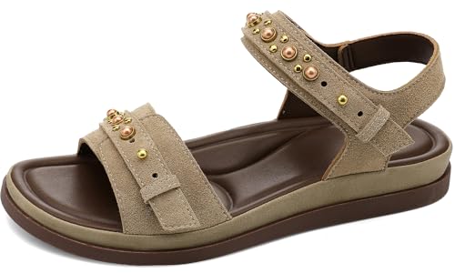 Image of UBFEN Womens Sandals Comfortable Arch Support Steel Beaded Flat Sandals with Back Strap - Open Toe Slingback Shoes for Beach, Vacation and Travel