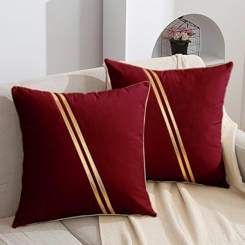 WACOMECO Pack of 2 Gold Throw Pillow Covers - Soft Decorative Luxury Velvet Cushion Covers Pillow Cases with Gold Leather for Sofa Bedroom Livingroom Car, 18 x 18 in, Burgundy