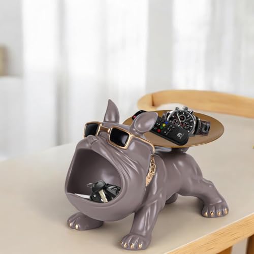 Image of Bulldog Resin Storage Tray | Decorative Dog Statue with Sunglasses | Multifunctional Remote, Key & Coin Holder for Home, Office, Entryway, or Living Room Decor (Grey)