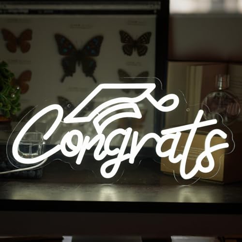Image of Congrats Grad Neon Sign for Backdrop wall decor,Dimmable USB Powered Light Up Letters for Dorm Walls,White Grad Gifts Sign for Graduation ClassRoom Party bedroom size:16.14 * 7.6 inch