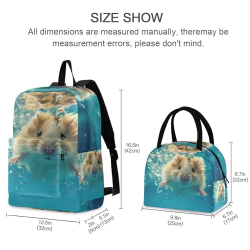 Backpack Lunch Box Set Large Capacity Travel Backpacks and Insulated Lunch Bag for Commute Hiking Picnic Hamster in Pool Print2