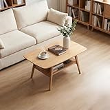 Grewood Solid Wood Coffee Table - Modern Wooden Center Coffee Table with Storage Shelf for Living Room,Apartment and Office