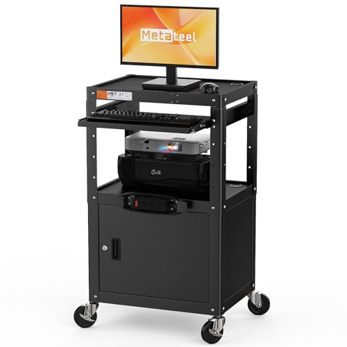 Image of Steel Large AV Cart with Extra Storage - Adjustable Height Cart with Locking Cabinet, Pullout Tray, Power Strip, and Cord Management - Holds 300 lbs and Easy to Assemble (24'' x 18'' x 42'')