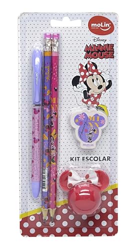 Kit Escolar Minnie, Blister com 5 itens, Molin 22330, Multicor