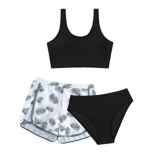 Teen Swimsuits for Girls Solid Color Bikini Sets with Shorts 3 Piece Beach Sports Bathing Suit Athletic Swimwear