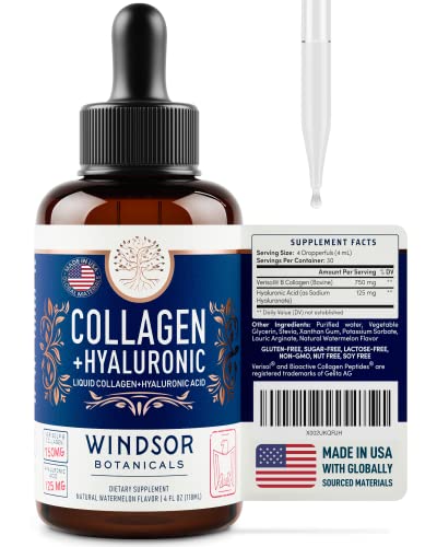 Liquid Collagen with Hyaluronic Acid - Drink or Drops Full Body Age Defense - Windsor Botanicals Max Strength 750mg Verisol B Collagen Peptides, 125mg Hyaluronic Acid - Watermelon Flavor - 4 oz
