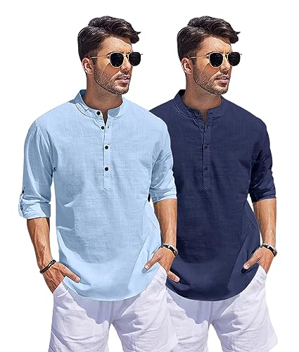 Image of Bellstone Men's Cotton Blend Straight Kurta Shirt Combo with Mandarin Collar - Slim Fit Casual Short Kurti Set Featuring Textured Slub Fabric and Roll-Up Full Sleeves