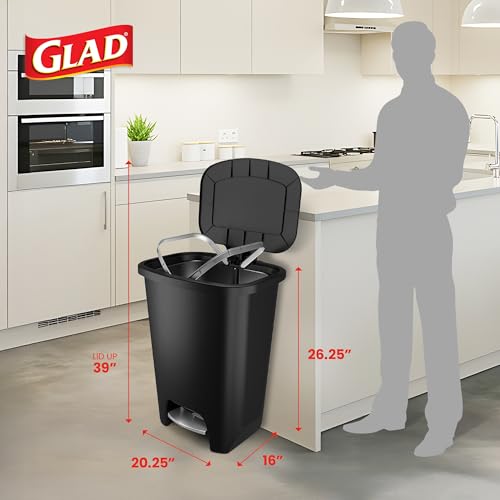 Image of Glad Premium 20 Gallon Trash Can with Clorox Odor Protection | Plastic Kitchen Waste Bin | Hands Free with Stainless Steel Foot Pedal and Garbage Bag Rings, Black