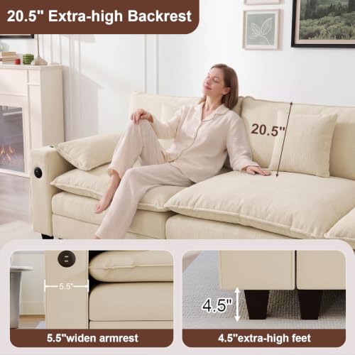 Image of KCGKCG 116 inch 3-Seater Cloud Sofa, Modular Sectional Couch, Chenille Deep Seat Cloud Couch with Charging Station, Cup Holder, Side Pocket, Double Layer Seat Cushion Couches for Living Room, Beige