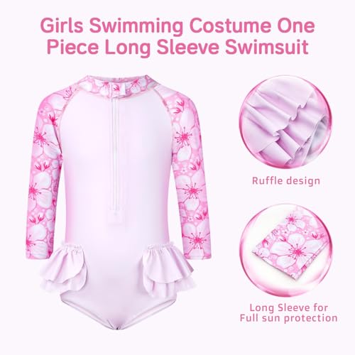 JiAmy Girls Swimsuits - One Piece Bathing Suit, Long Sleeve Zipper UPF 50+, Quick Dry Beach Swimwear for Kid 4-12 Years2