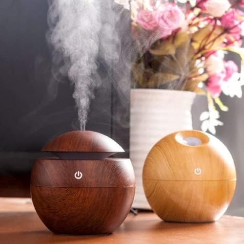 Image of Aroma Diffuser with LED Light - USB Powered Tabletop Mist Humidifier for Desk and Bedside Use (Wooden Cool Mist Humidifier)