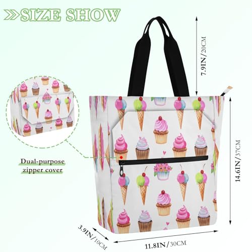 Watercolor Ice Cream Book Tote Bag,Large Capacity Handbag with Zipper Perfect for School,Travel,Shopping2
