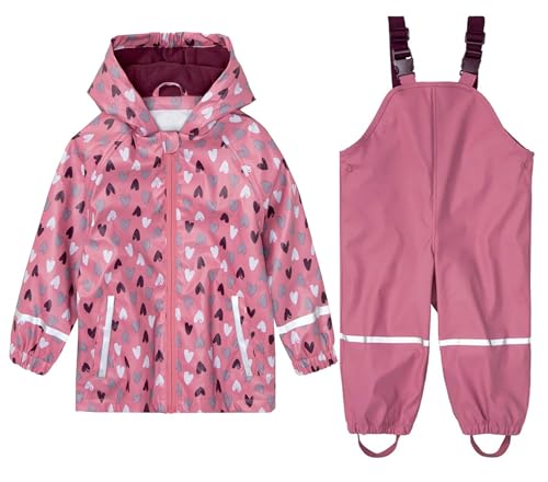 DAWILS Jungen Regenjacke Regenhose Kinder Zweiteiliger Regenanzug Set Mädchen Regenjacken Mäntel Baby Matsch Regenbekleidung Wind- und Wasserdicht Bekleidungsset, Fleece Gefüttert Rot 110-116