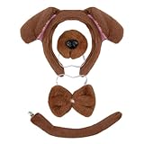 Plush Dog Costume Set with Dog Ears Headband, Nose, Bowtie and Tail, Animal Dress Up Accessories for Women Men Halloween Parties and Cosplay Brown