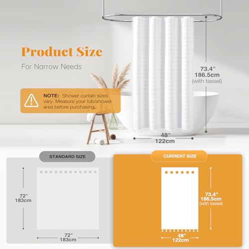 Image of BTTN Narrow Boho Farmhouse Water Repellent Shower Curtain, White, 48x72 | Linen Style, Heavy Duty Fabric, 8 Plastic Hooks, Three-sided Tassels, Bohemian French Country, Machine Washable, Wrinkle Free