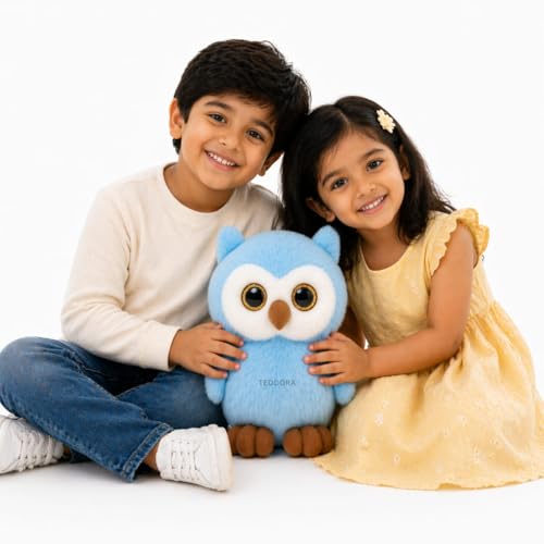 Image of Shiny Owl Soft Toy for Girls Boys Kids,Sky Blue,Owl with Glitter Eyes Animal Plush Stuffed Baby Teddy Gift Birthday, 23 cm