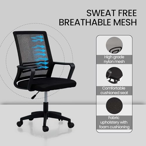 Image of Royaloak Alba Mesh Medium Back Chair | Ergonomic Office Chairs for Home with Breathable Nylon Mesh, Cushioned Seat, Fixed Armrests & Height Adjustment | 360 Swivel, Strong Base & Smooth Castors