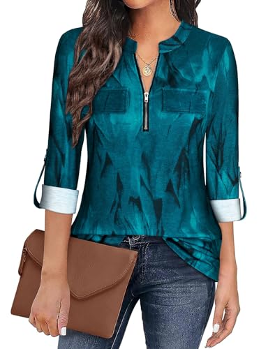 Gemulate Checked Shirts Womens Tops for Women UK Womens Zip Up Plaid Tunic Blouse Long Sleeve Plus Size Tops Floral Printed Shirts -Peacock Blue, M