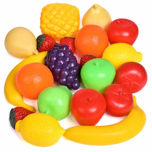 20 Pieces Play Fruits Playset - Life-Sized Toy Food for Kids Kitchen Healthy Farmers Market Grocery Pretend Play Plastic Toy Set for Toddlers