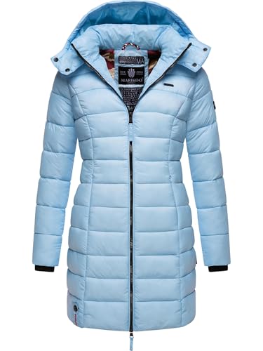 MARIKOO Damen langer Wintermantel warmer Steppmantel mit abnehmbarer Kapuze Abendsternchen Baby Blue Gr. S