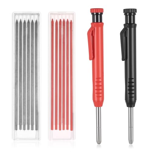 2er Tieflochmarker Bleistift Baustellen Bleistifte, Zimmermannsbleistift Set mit 12 Bleistiftminen 2 Farben,Tischler Bleistift Bohrlochmarker Tiefenlochmarker für Schreinerei Baubleistift Handwerker