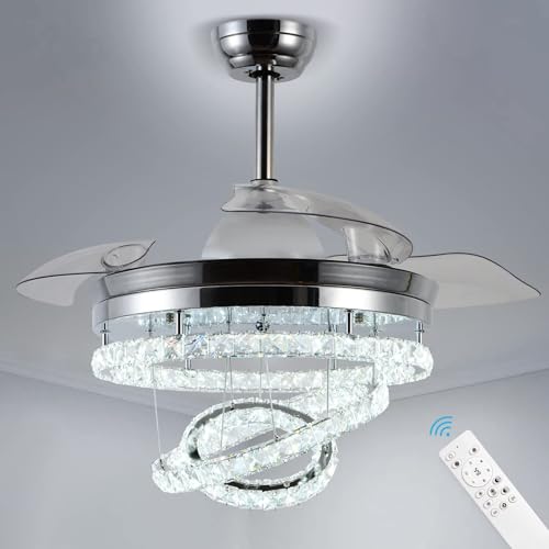 diisunbihuo 42" Dimmable Fandeliers with Lights Modern Crystal Chandelier Fan with Light LED Invisible Ceiling Fan with 3 Color Change Lights, Reversible DC Motor&Memory Function(Chrome)