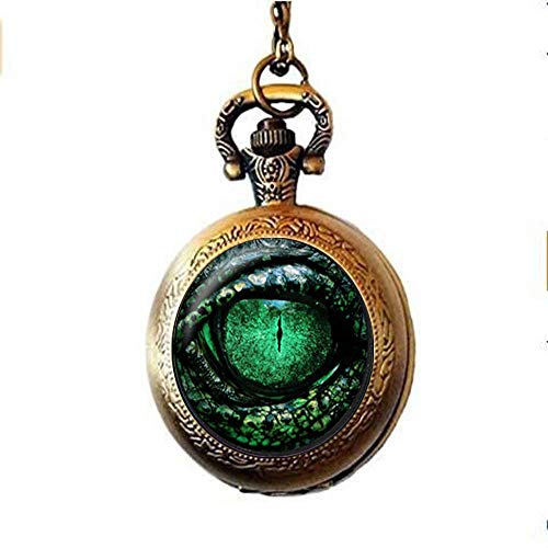 Preisvergleich Produktbild Taschenuhr mit Anhänger mit grünem Drachenauge, Halskette mit Eidechsenauge, Fantasy-Glasschmuck