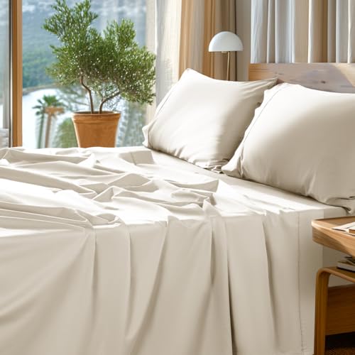 Image of SONORO KATE 1000 Series 100% Egyptian Cotton Queen Sheet Set,4 Pieces | Soft,Breathable Long Staple,Sateen Weave,Luxury 5-Star Hotel Bed Sheets,16 inch Deep Pocket,Cream