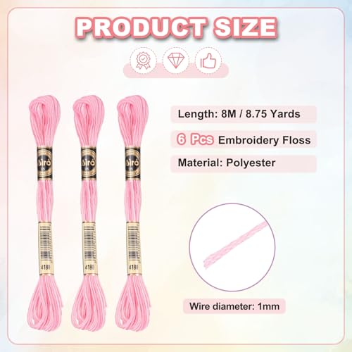 Image of PATIKIL 6 Skeins Embroidery Floss, Polyester Embroidery Threads Bracelets String for Cross-Stitch Hand Embroidery, Light Pink