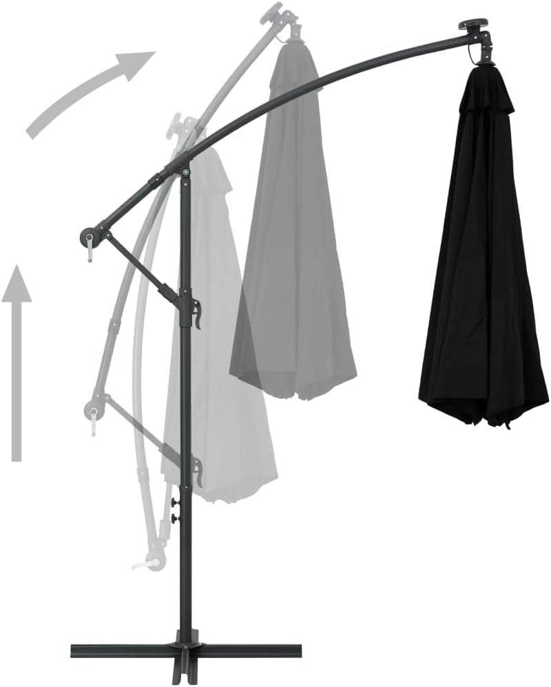 Cantilever Umbrella with LED Lights and Steel Pole,Outdoor Sun Shade,Offset Umbrella,Picnic Umbrella,Beach Umbrellas,Patio Umbrella,Balcony Cover,for Picnics,BBQ,Garden,Parties, 118.1" Black