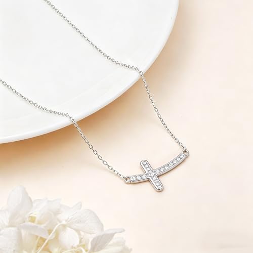 Image of Ladytree 925 Sterling Silver Concise Sideways Cross Pendant Necklace Choker for Women Christian Jewelry