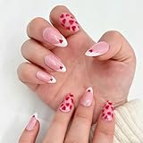 Valentines Day Press on Nails Medium Almond, French Tip Fake Nails with Red Heart Design, 24Pcs Acrylic Glue on Nails for Women Valentine's Day Gift DIY Kit